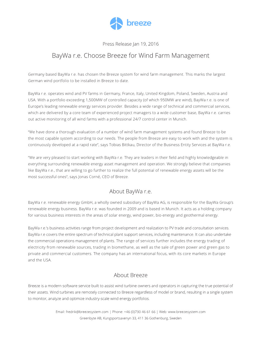 Baywa R.E. Choose Breeze for Wind Farm Management