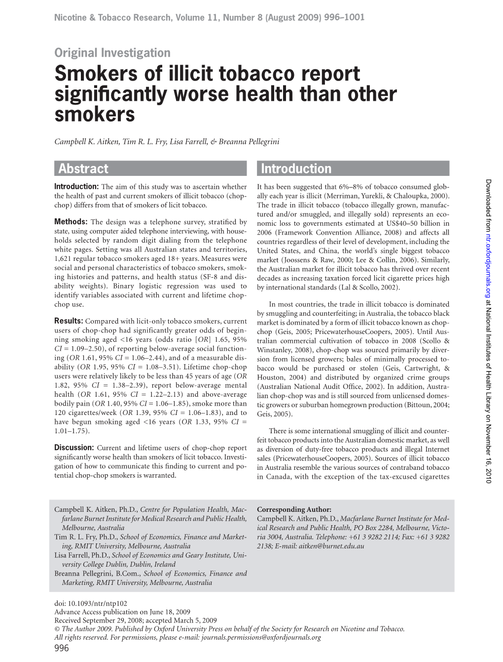 Smokers of Illicit Tobacco Report Signiffcantly Worse Health Than Other Smokers