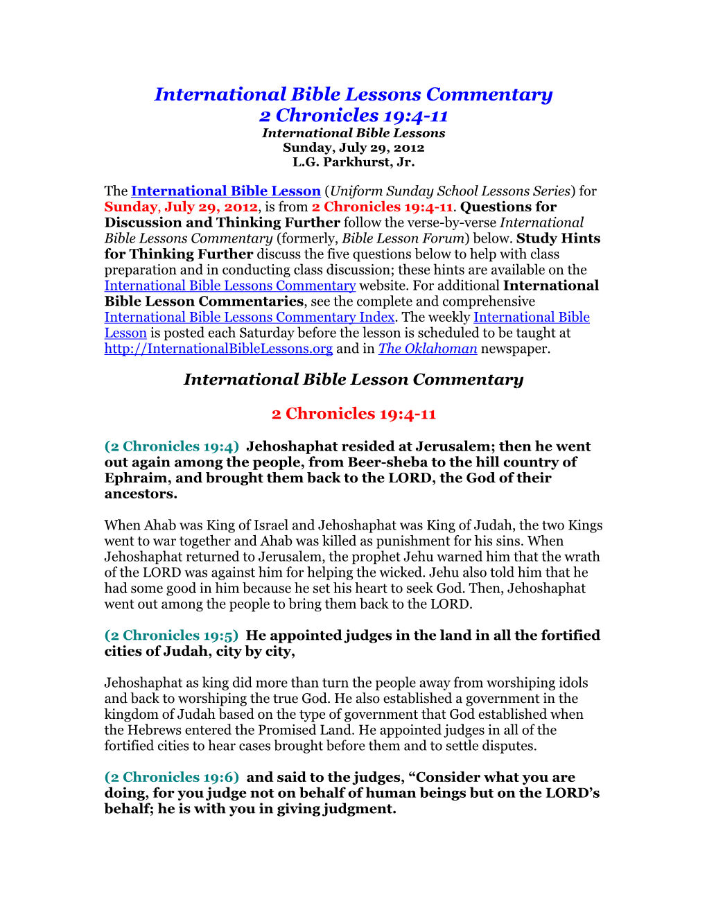 International Bible Lessons Commentary 2 Chronicles 19:4-11 International Bible Lessons Sunday, July 29, 2012 L.G