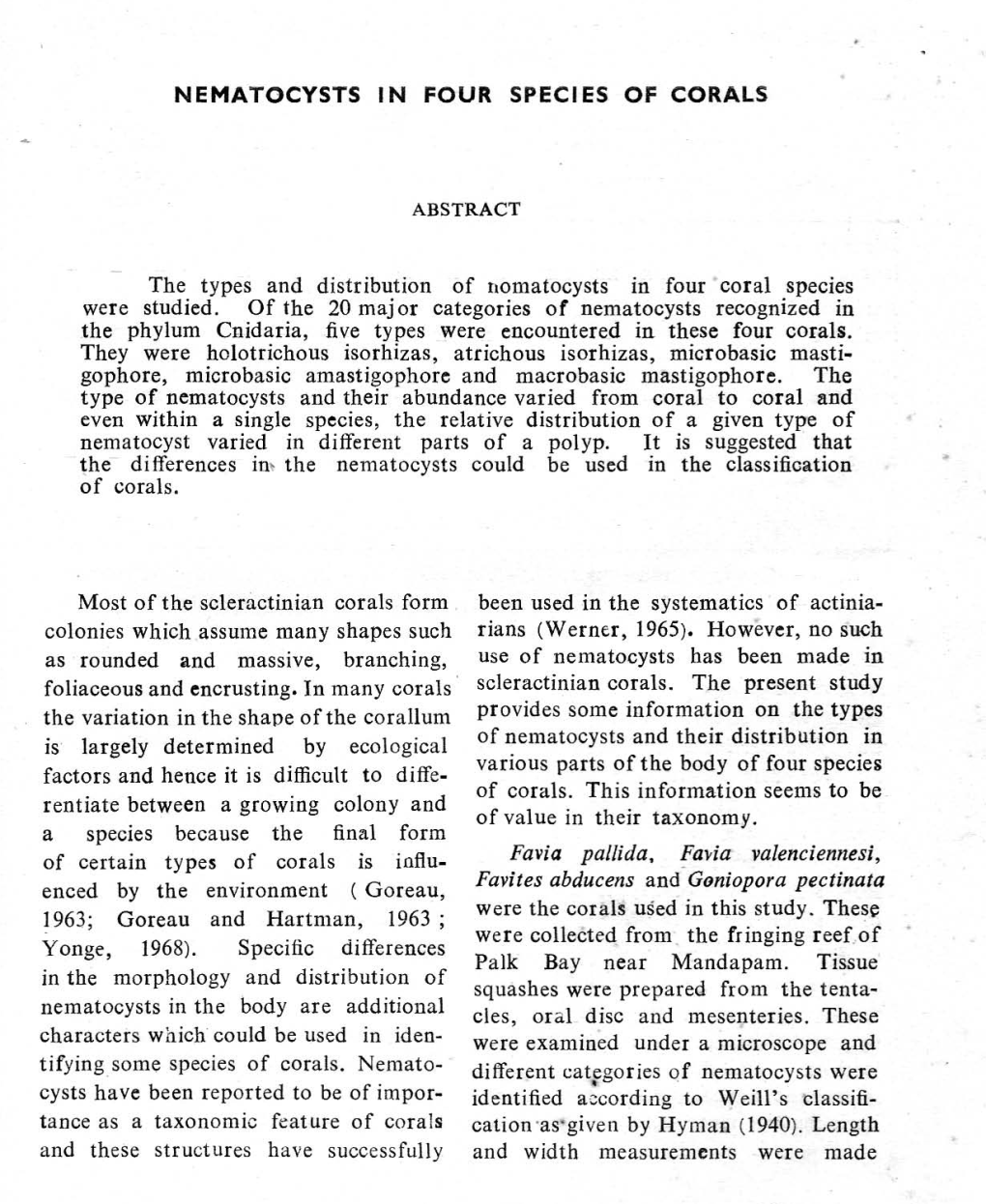 NEMATOCYSTS in FOUR SPECIES of CORALS the Types And