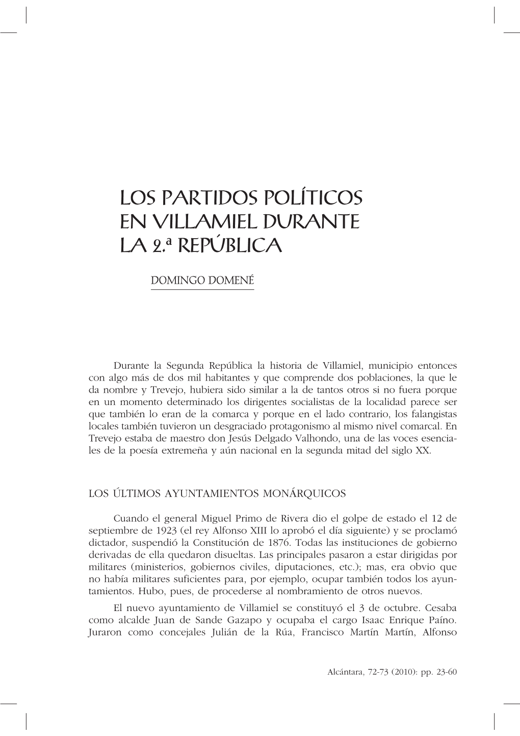 Los Partidos Políticos En Villamiel Durante La 2.ª República