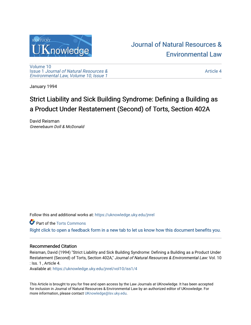 Strict Liability and Sick Building Syndrome: Defining a Building As a Product Under Restatement (Second) of Torts, Section 402A