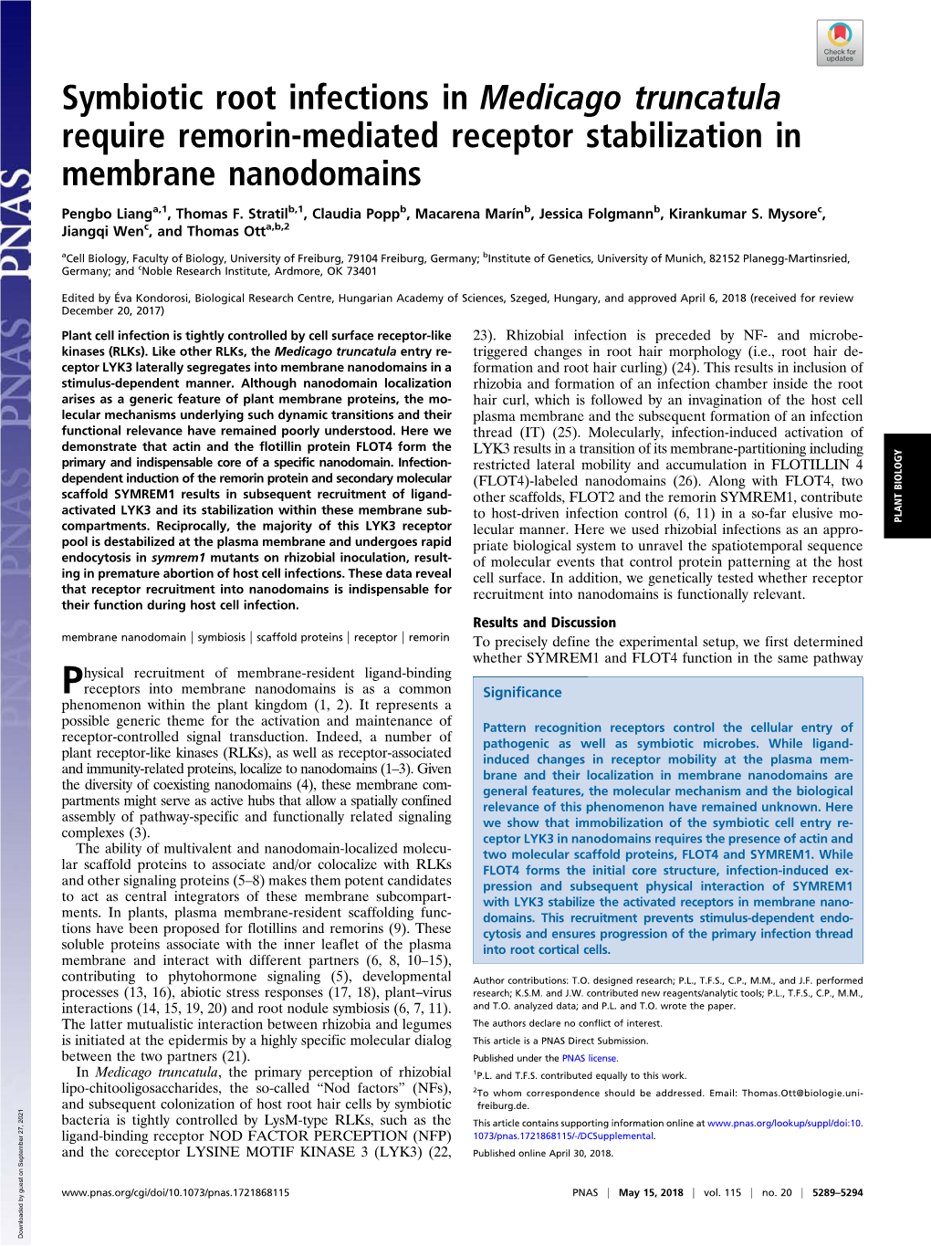 Symbiotic Root Infections in Medicago Truncatula Require Remorin-Mediated Receptor Stabilization in Membrane Nanodomains