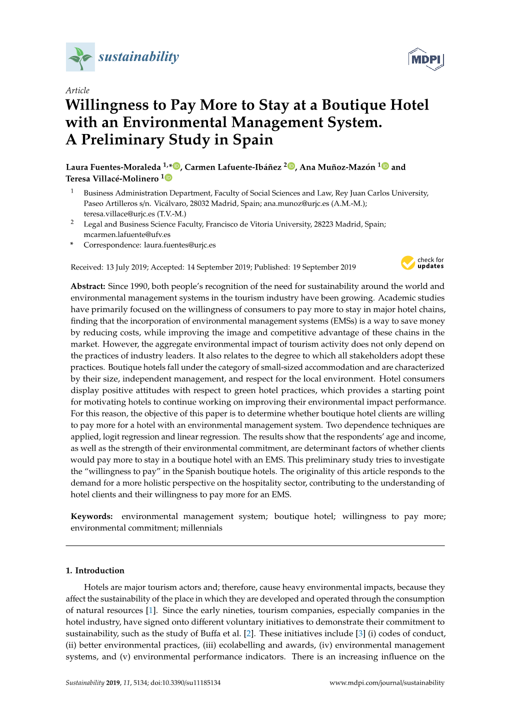 Willingness to Pay More to Stay at a Boutique Hotel with an Environmental Management System