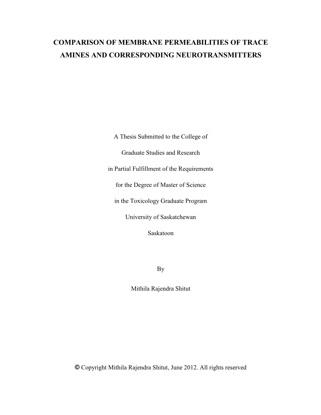 Comparison of Membrane Permeabilities of Trace Amines and Corresponding Neurotransmitters