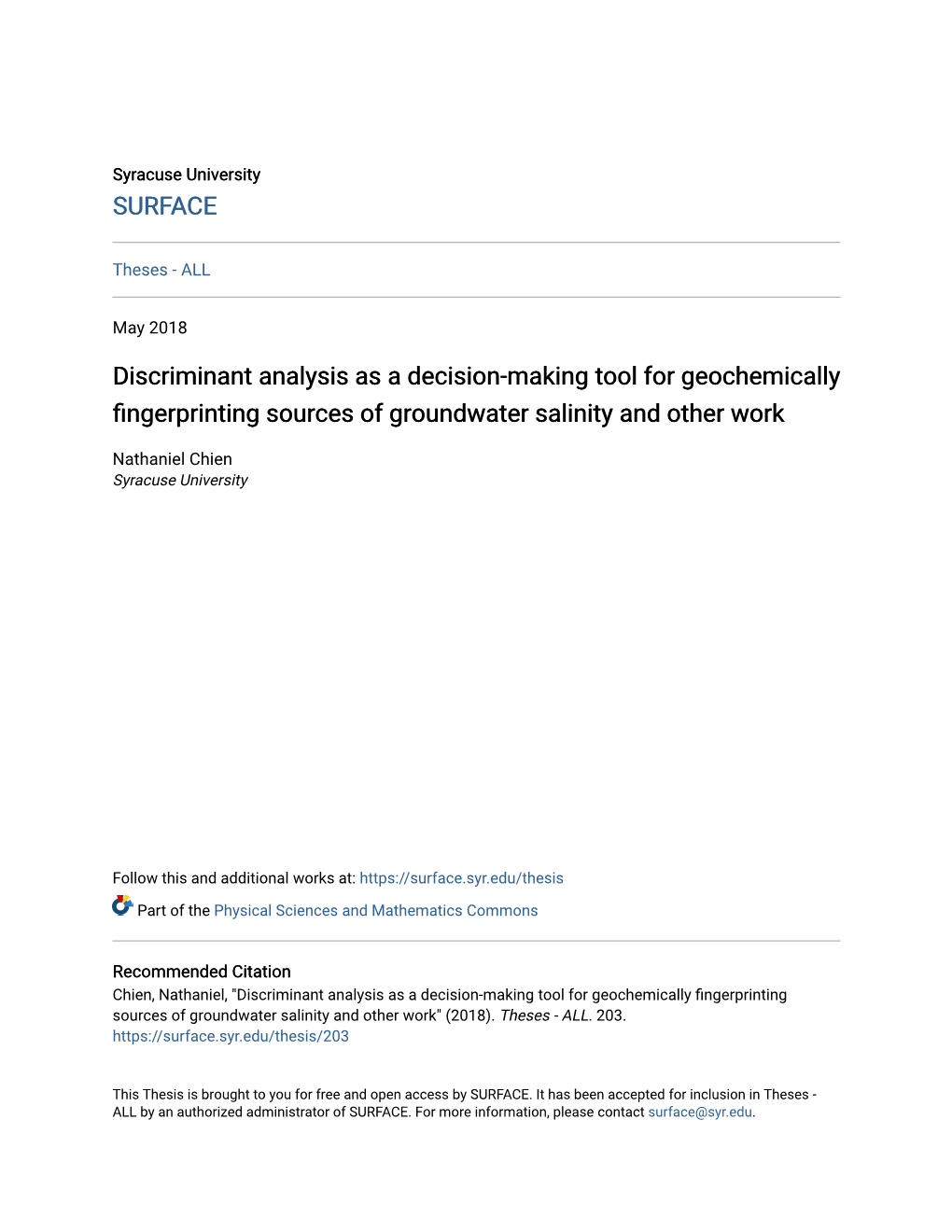 Discriminant Analysis As a Decision-Making Tool for Geochemically Fingerprinting Sources of Groundwater Salinity and Other Work