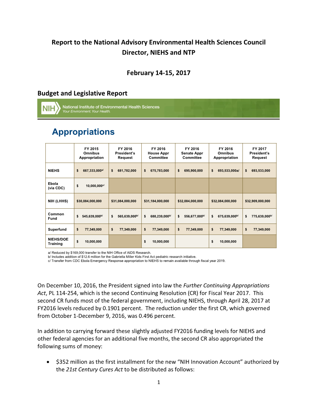 Report to the Nat Advisory Env Health Sciences Council