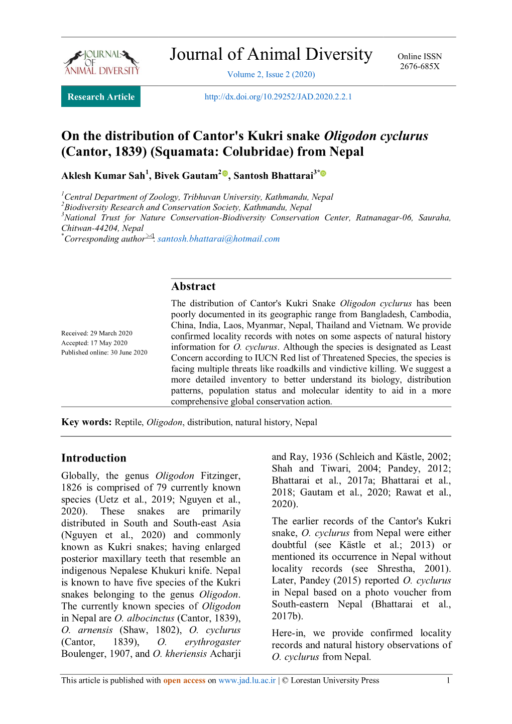 Journal of Animal Diversity Online ISSN 2676-685X Volume 2, Issue 2 (2020)