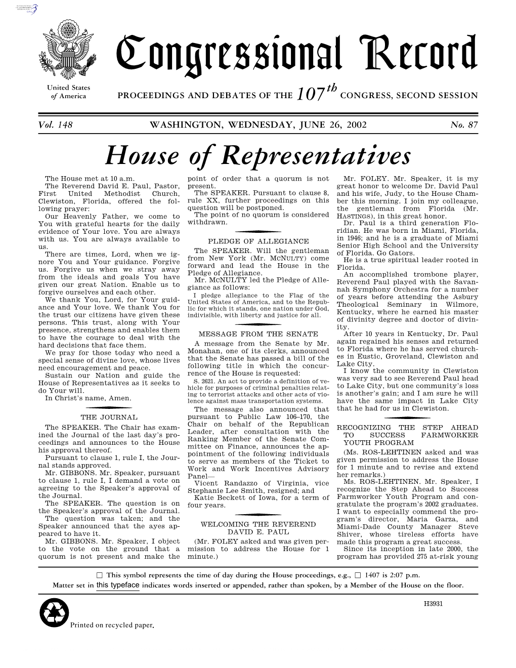 Congressional Record United States Th of America PROCEEDINGS and DEBATES of the 107 CONGRESS, SECOND SESSION