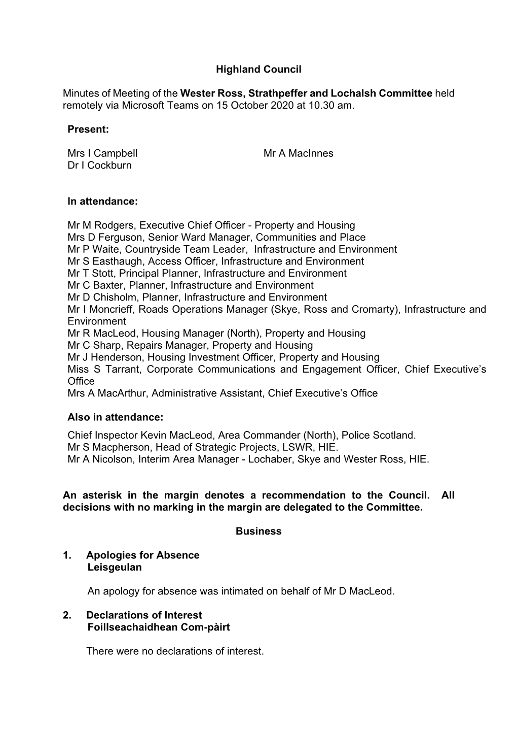 Highland Council Minutes of Meeting of the Wester Ross, Strathpeffer And