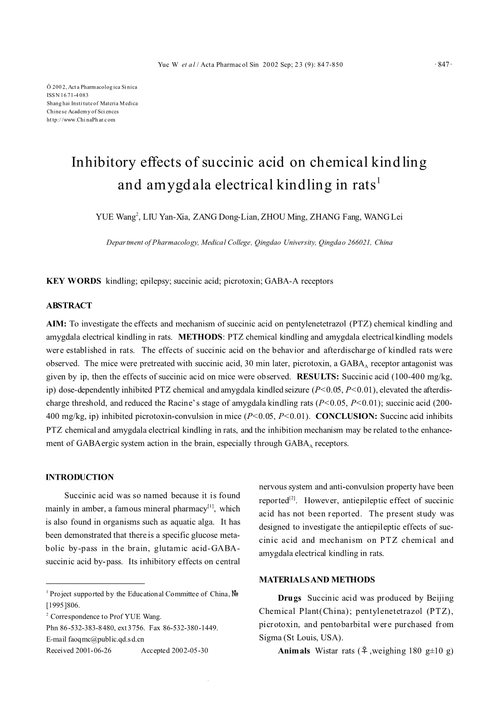 Inhibitory Effects of Succinic Acid on Chemical Kindling and Amygdala Electrical Kindling in Rats1