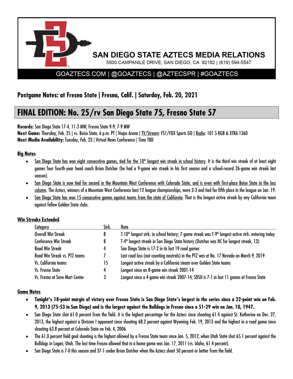 FINAL EDITION: No. 25/Rv San Diego State 75, Fresno State 57