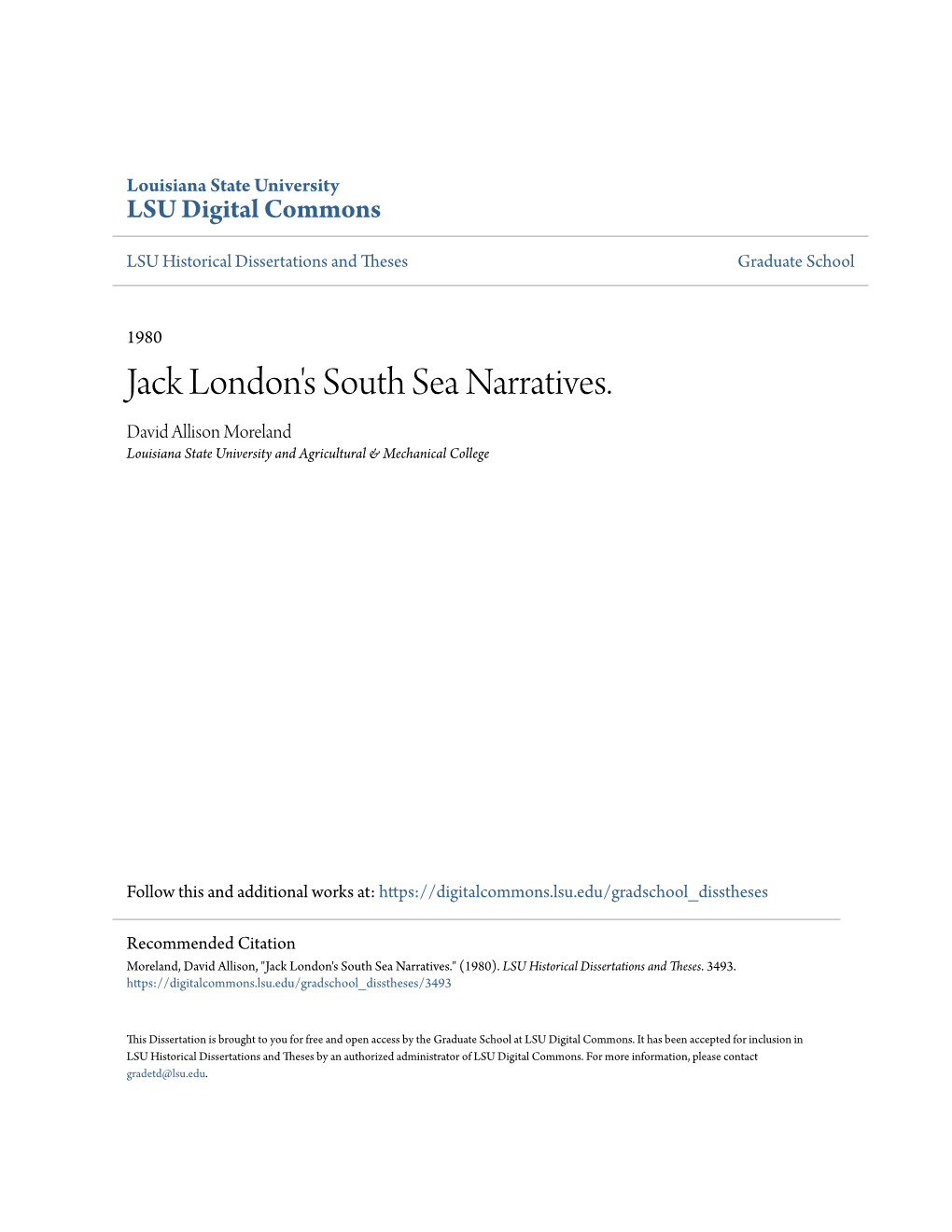 Jack London's South Sea Narratives. David Allison Moreland Louisiana State University and Agricultural & Mechanical College