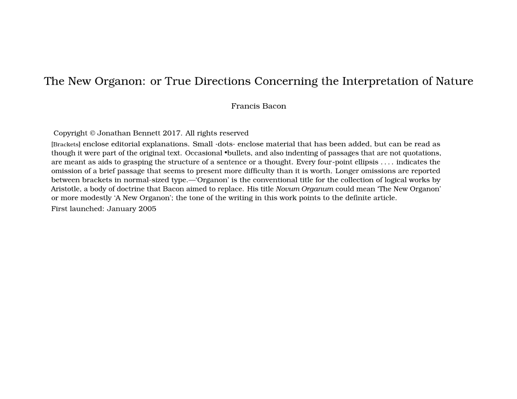 The New Organon: Or True Directions Concerning the Interpretation of Nature