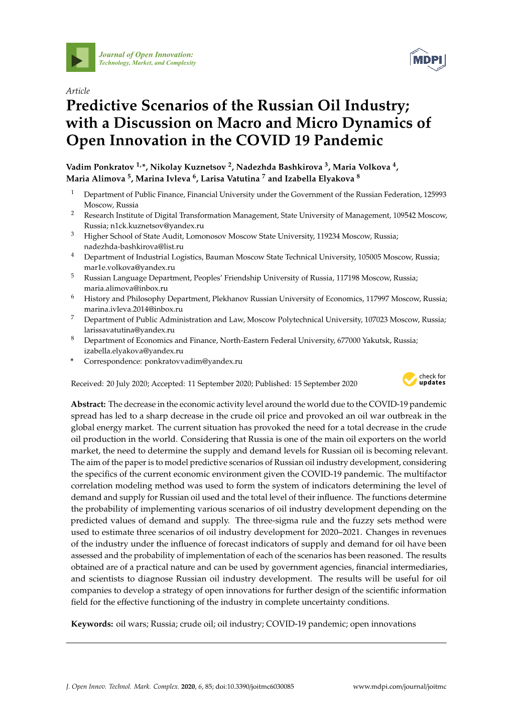 Predictive Scenarios of the Russian Oil Industry; with a Discussion on Macro and Micro Dynamics of Open Innovation in the COVID 19 Pandemic