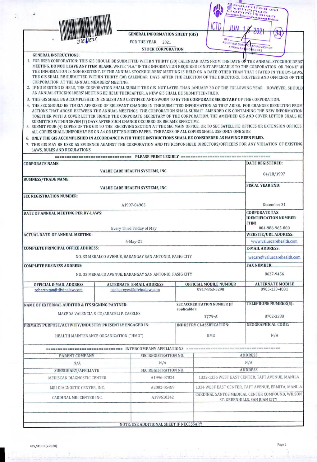 Ictdl Jiiu /R^ GENERAL INFORMATION SHEET (GIS) M & \W BT , for the YEAR 2021 RECEIVCDSOB ------—— STOCK CORPORATION GENERAL INSTRUCTIONS: [ ------^7 1