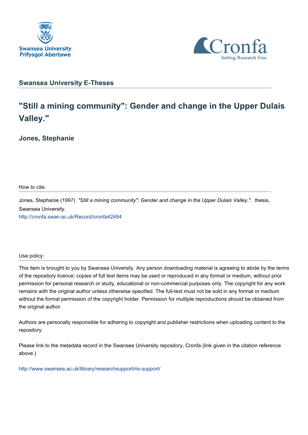 Gender and Change in the Upper Dulais Valley.