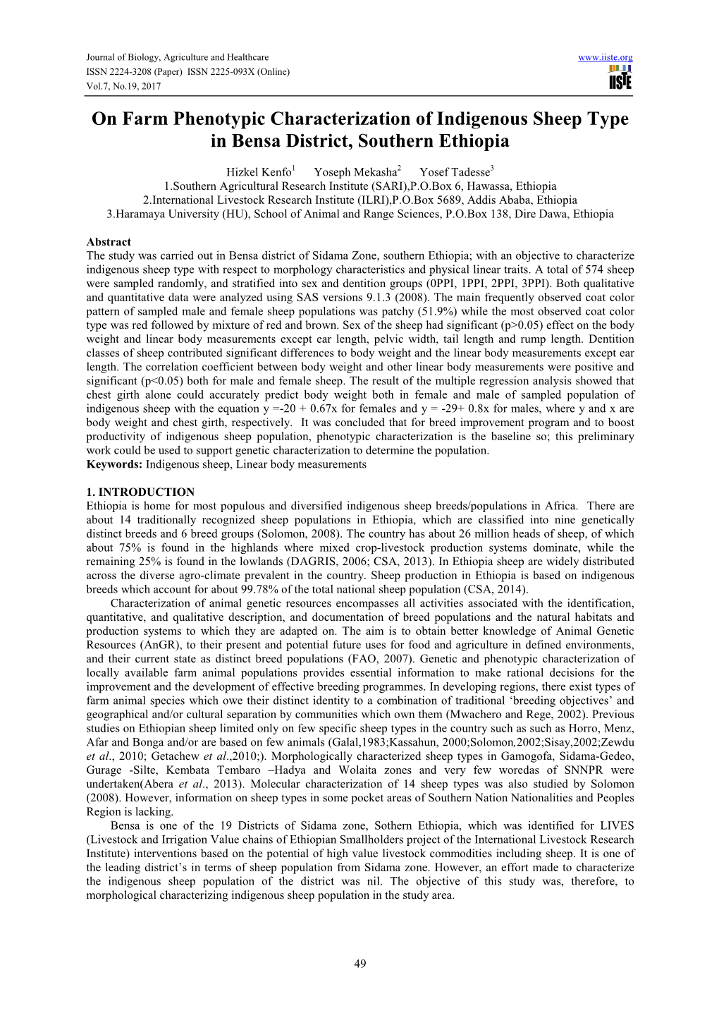 On Farm Phenotypic Characterization of Indigenous Sheep Type in Bensa District, Southern Ethiopia