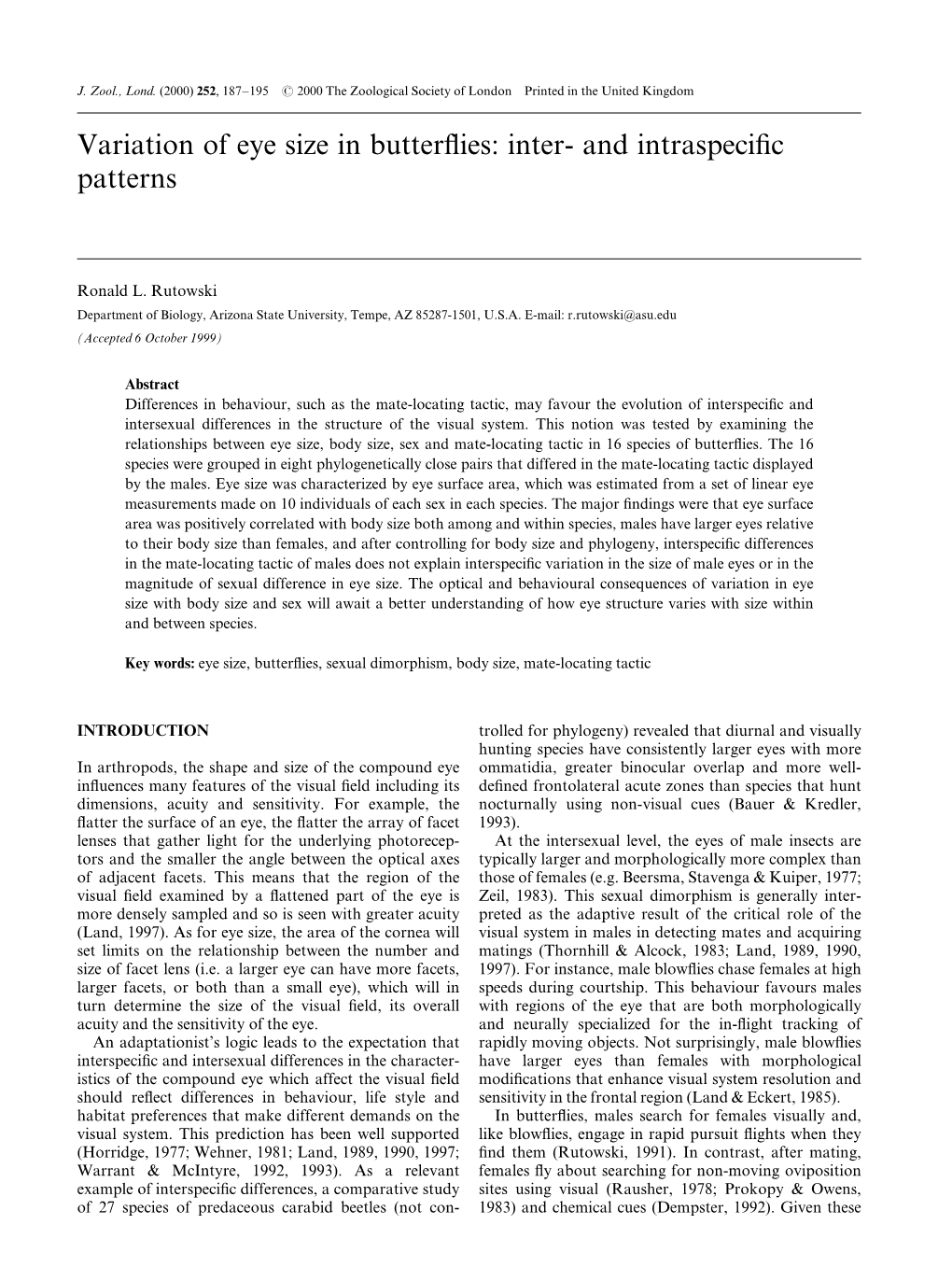 Variation of Eye Size in Butterflies: Inter- and Intraspecific Patterns