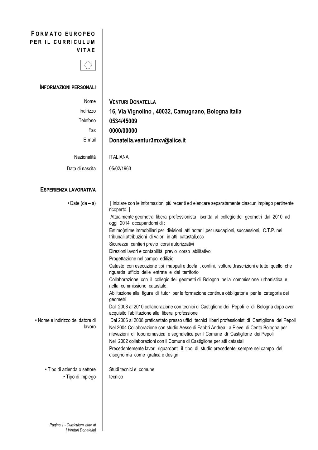 Curriculum Vitae Di [ Venturi Donatella]