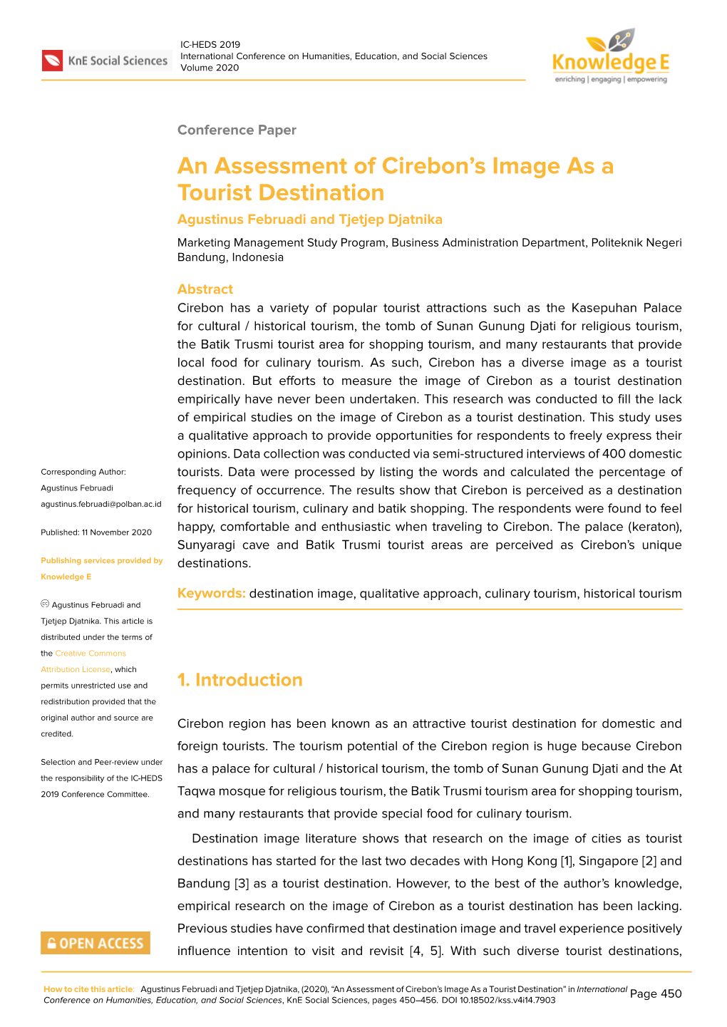 An Assessment of Cirebon's Image As a Tourist Destination