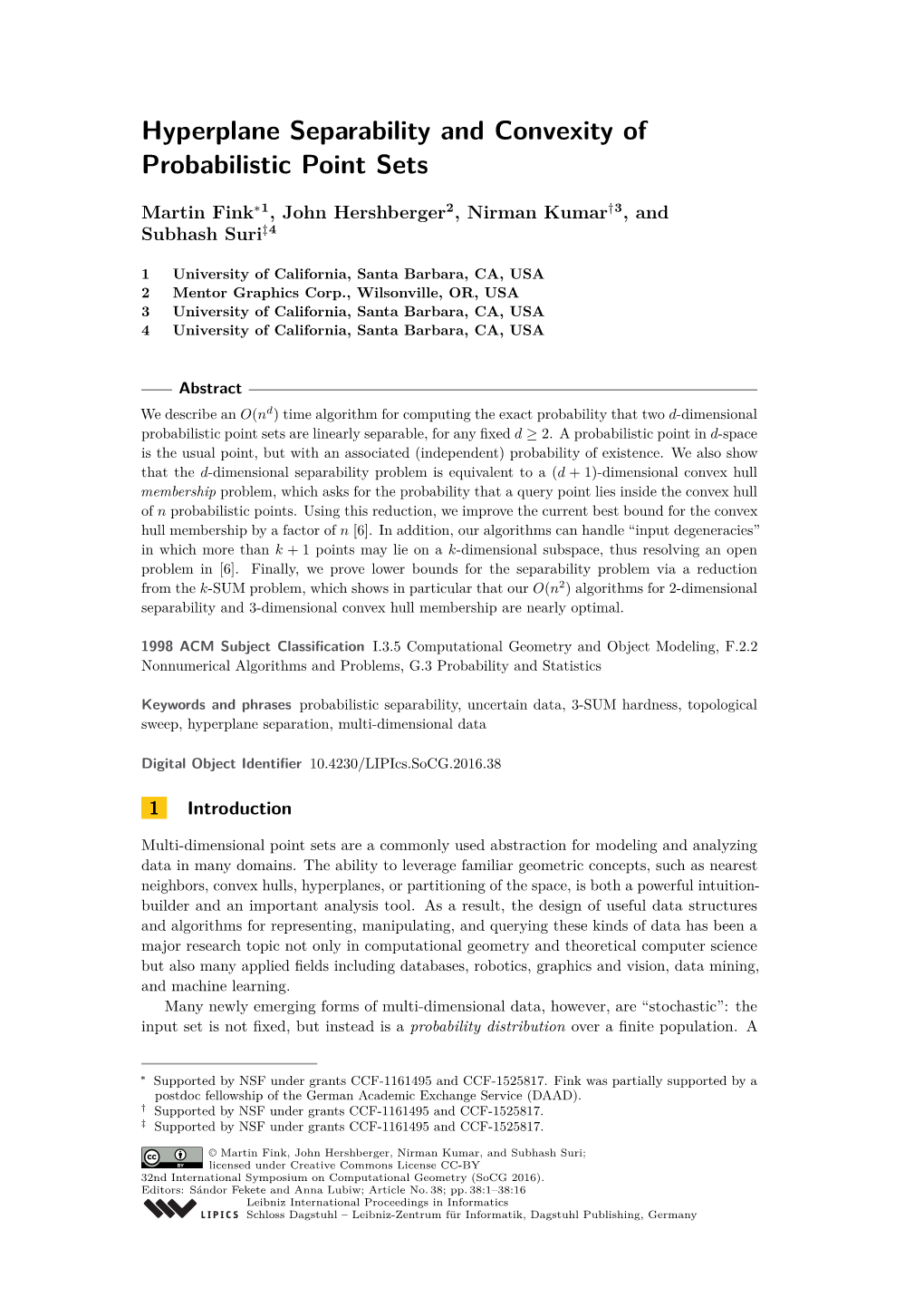 Hyperplane Separability and Convexity of Probabilistic Point Sets