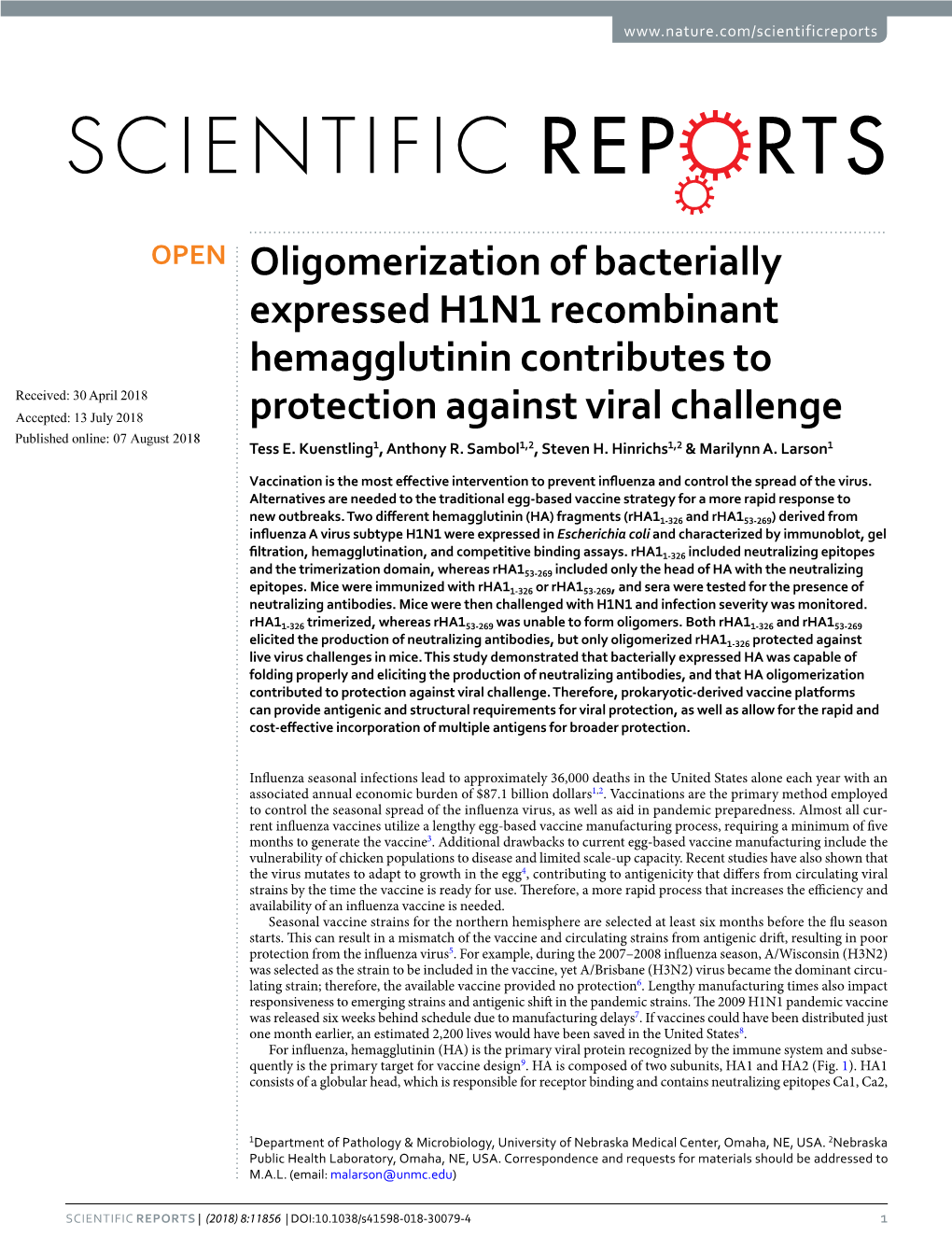 Oligomerization of Bacterially Expressed H1N1 Recombinant