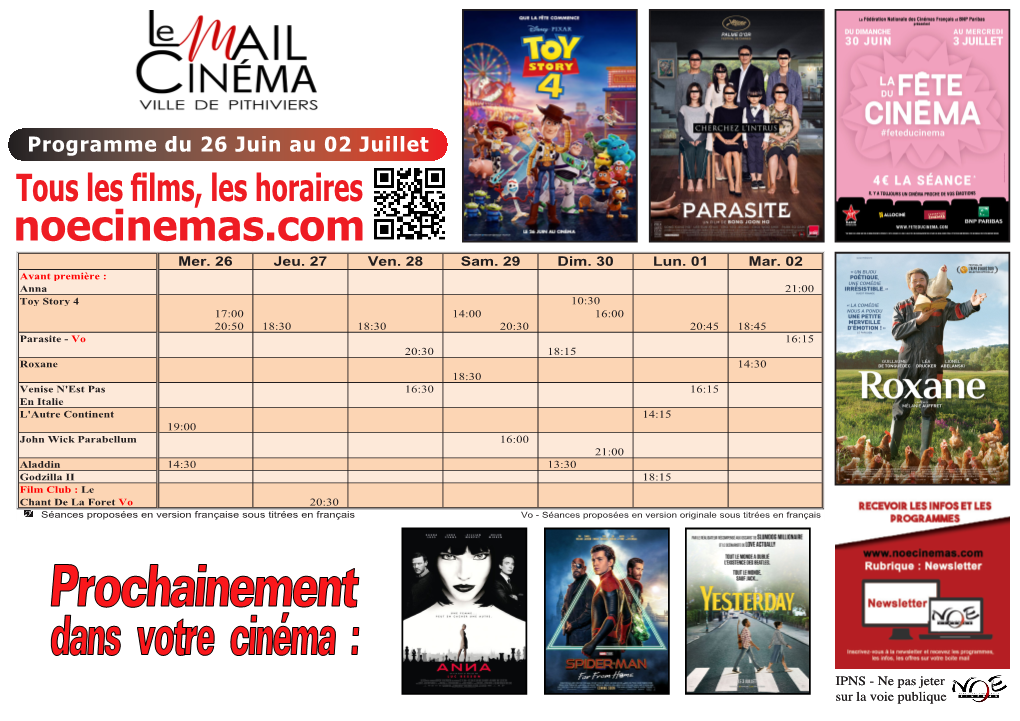 Programme Du 26 Juin Au 02 Juillet GRILLE DES SÉANCES Semaine Cinématographique N° 2019 - 26 Du Mercredi 26 Juin