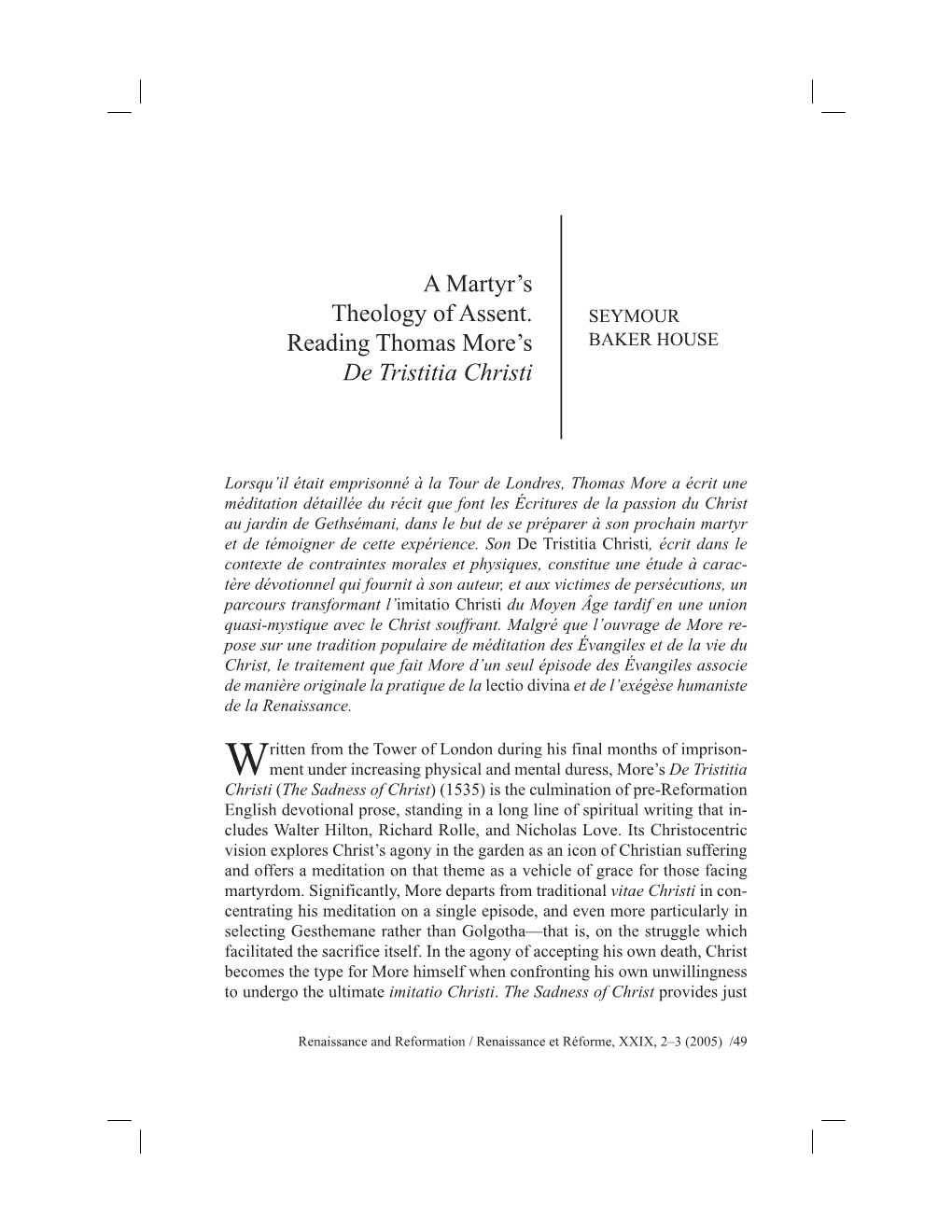 A Martyr's Theology of Assent. Reading Thomas More's De Tristitia