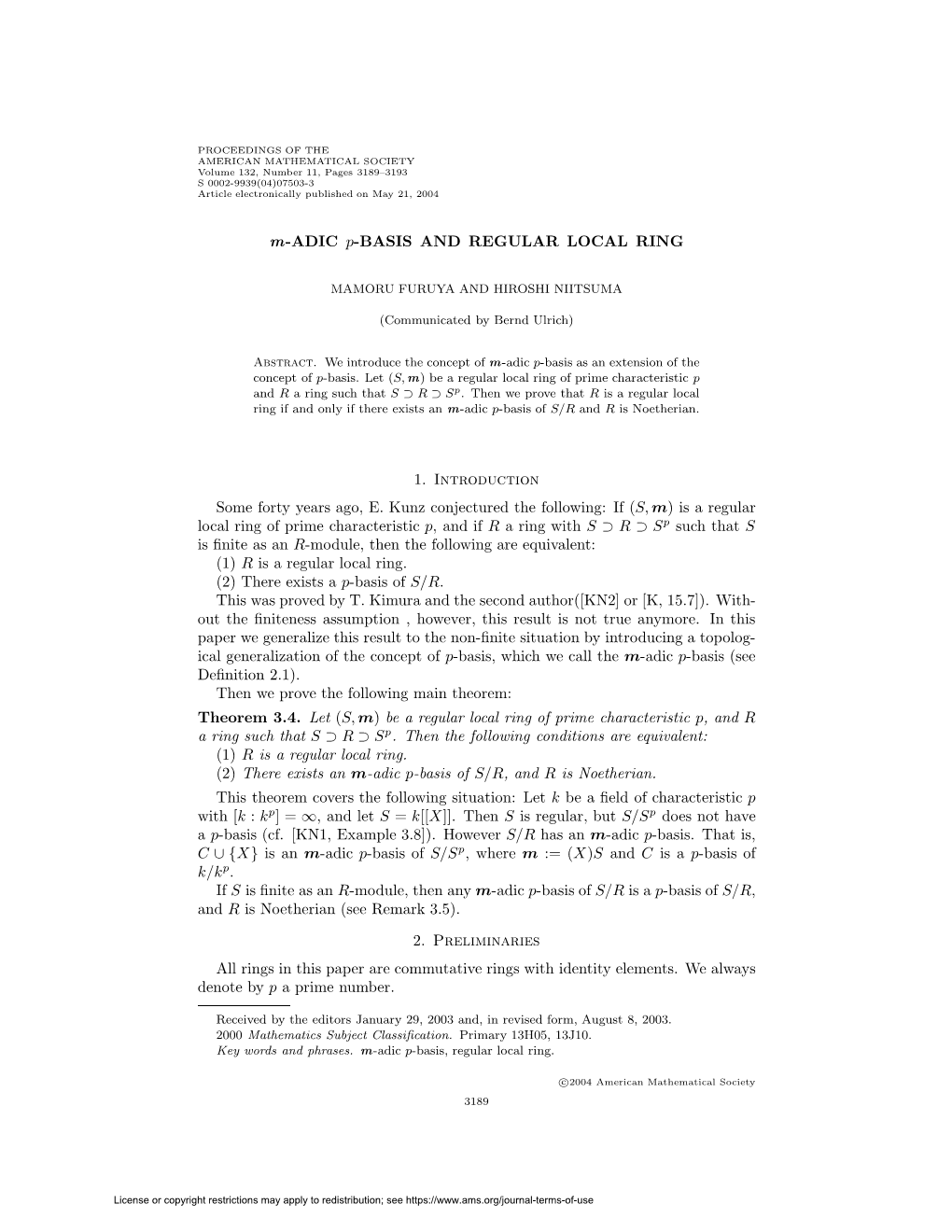 M-ADIC P-BASIS and REGULAR LOCAL RING 1. Introduction Some