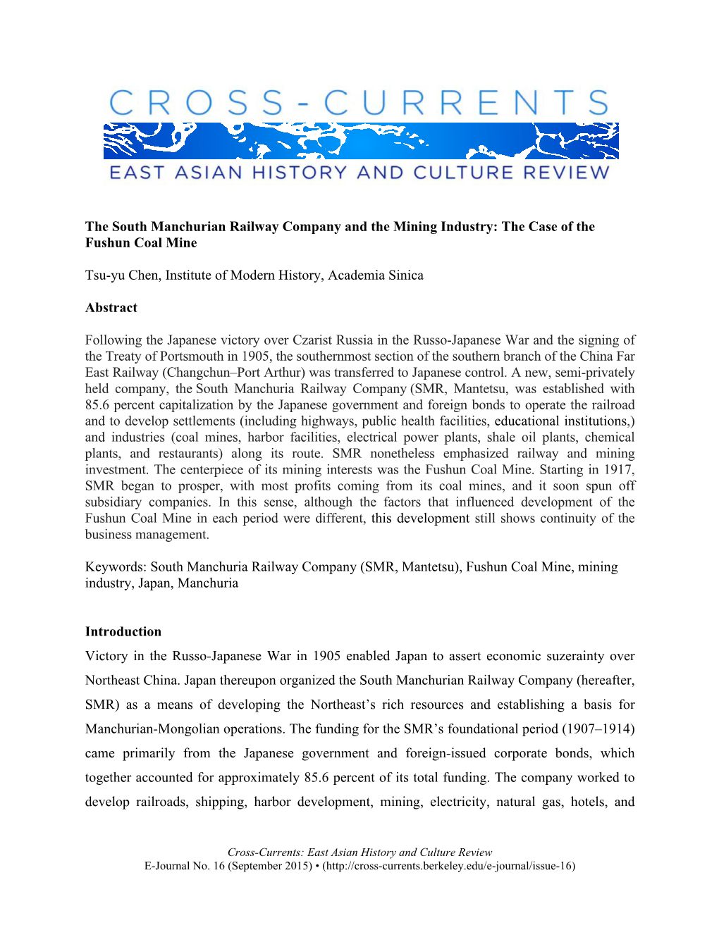 The South Manchurian Railway Company and the Mining Industry: the Case of the Fushun Coal Mine