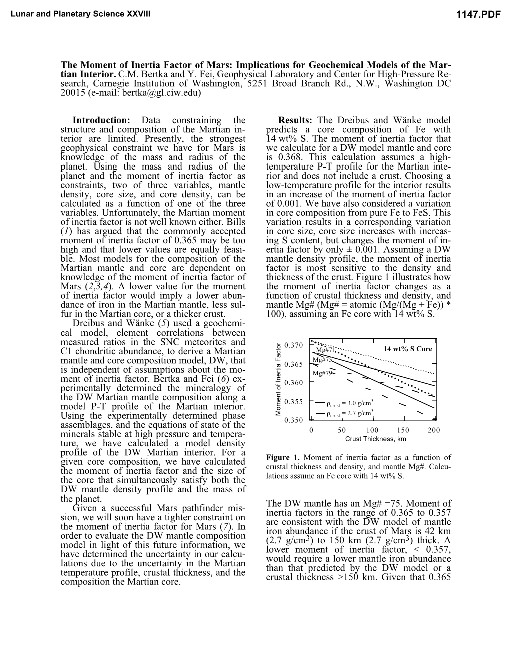 The Moment of Inertia Factor of Mars: Implications for Geochemical Models of the Mar- Tian Interior