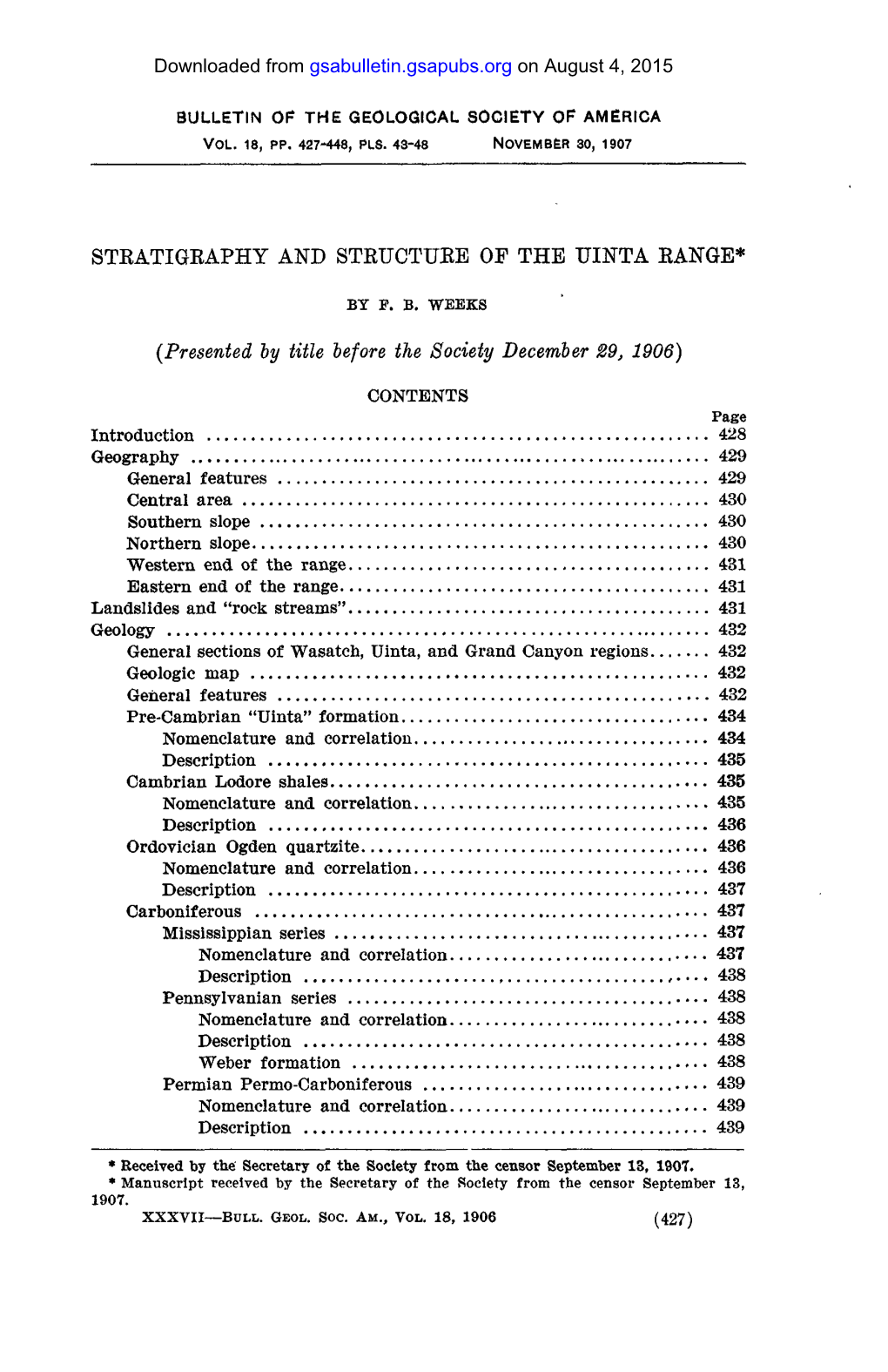 Stratigraphy and Structure of the Uinta Range*