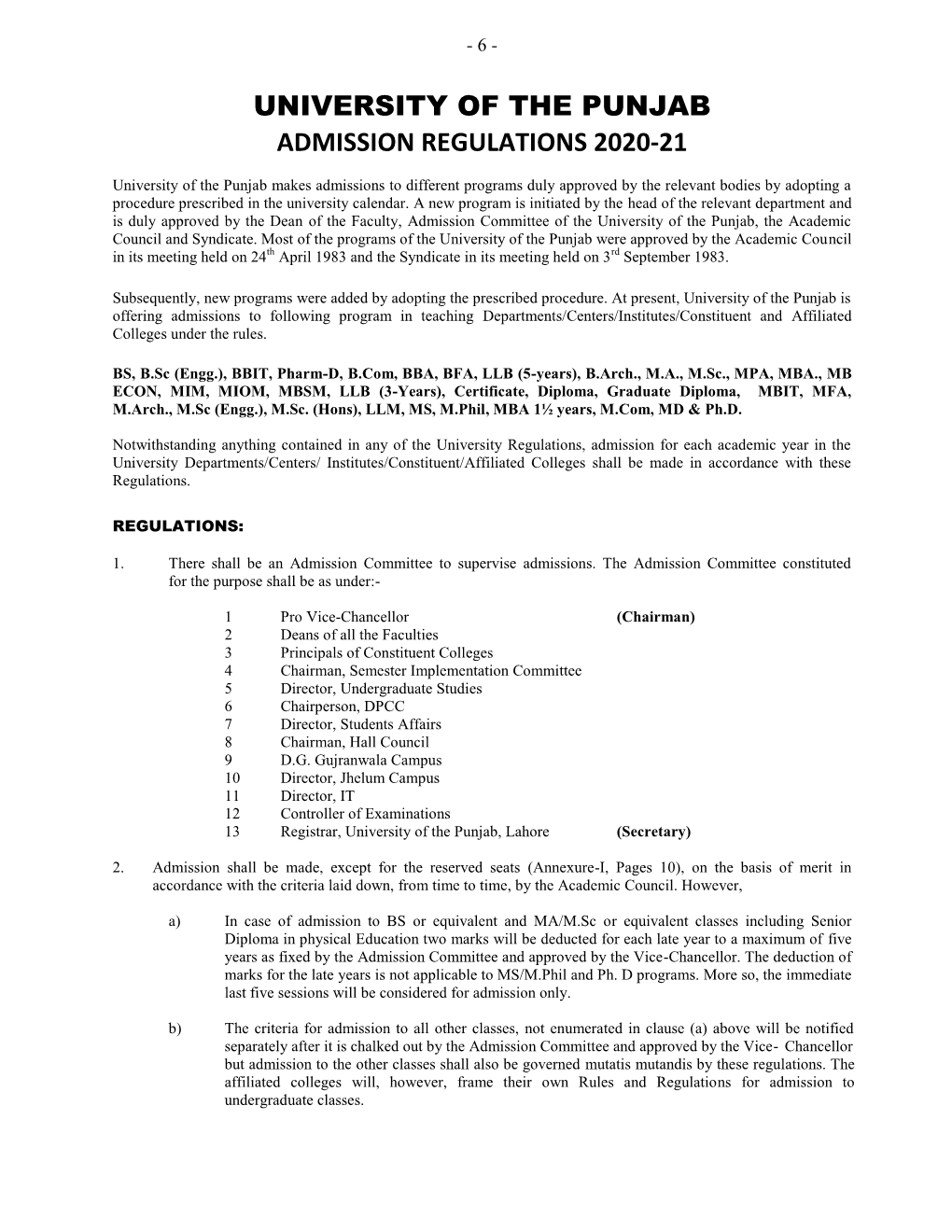 University of the Punjab Admission Regulations 2020-21