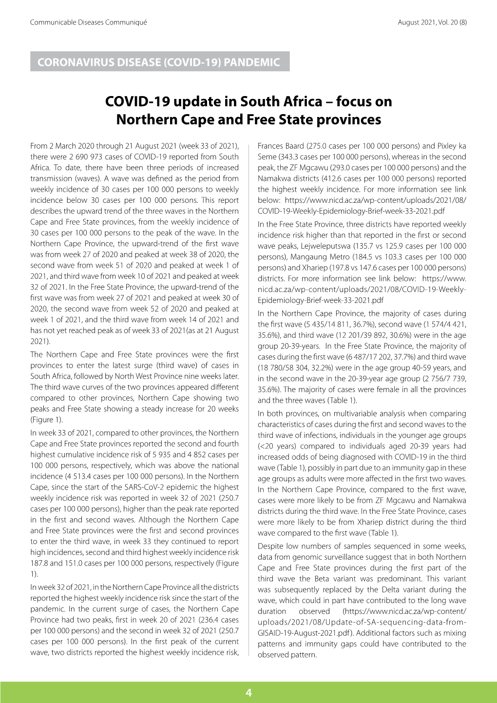 COVID-19 Update in South Africa – Focus on Northern Cape and Free State Provinces