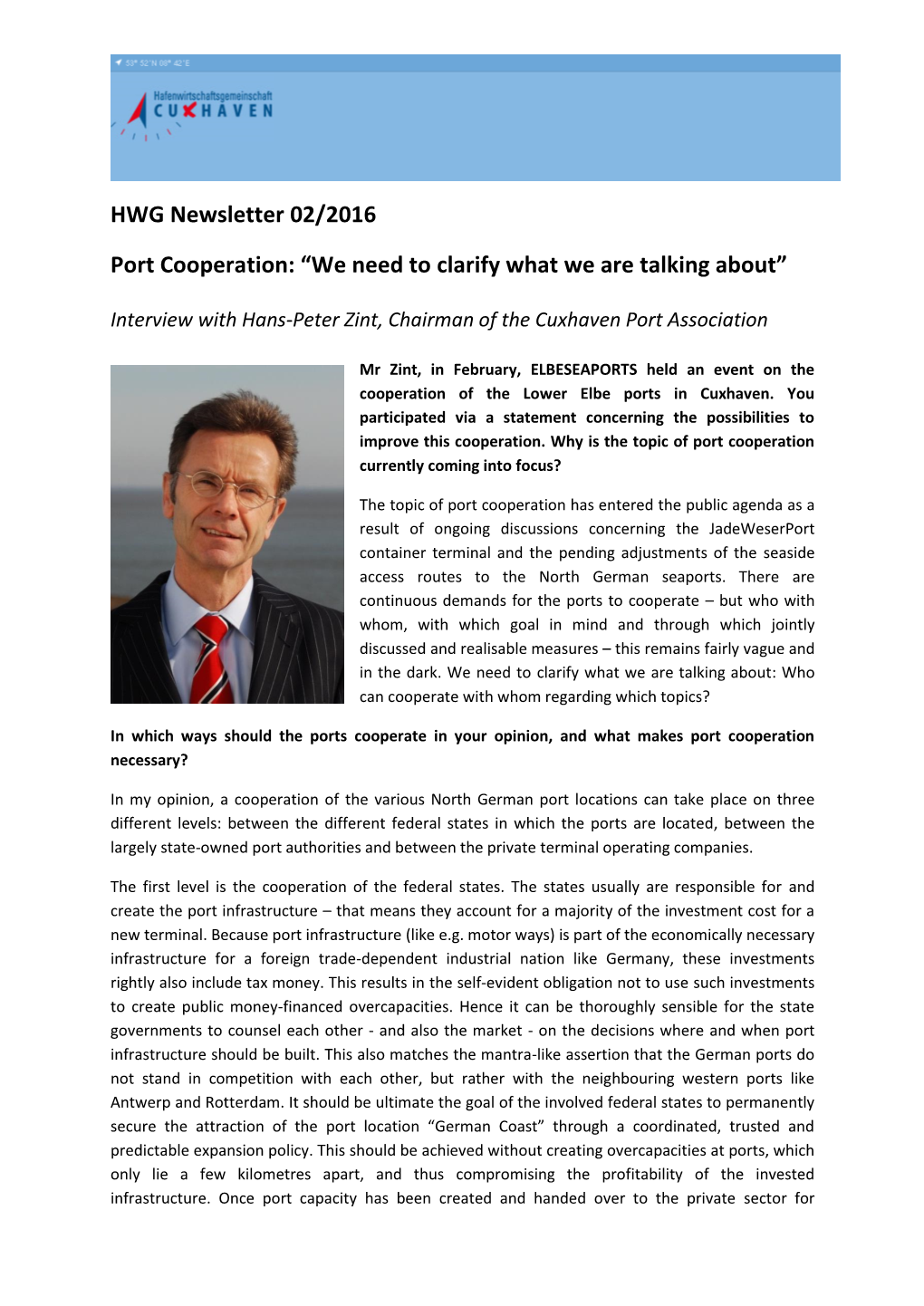 HWG Newsletter 02/2016 Port Cooperation: “We Need to Clarify
