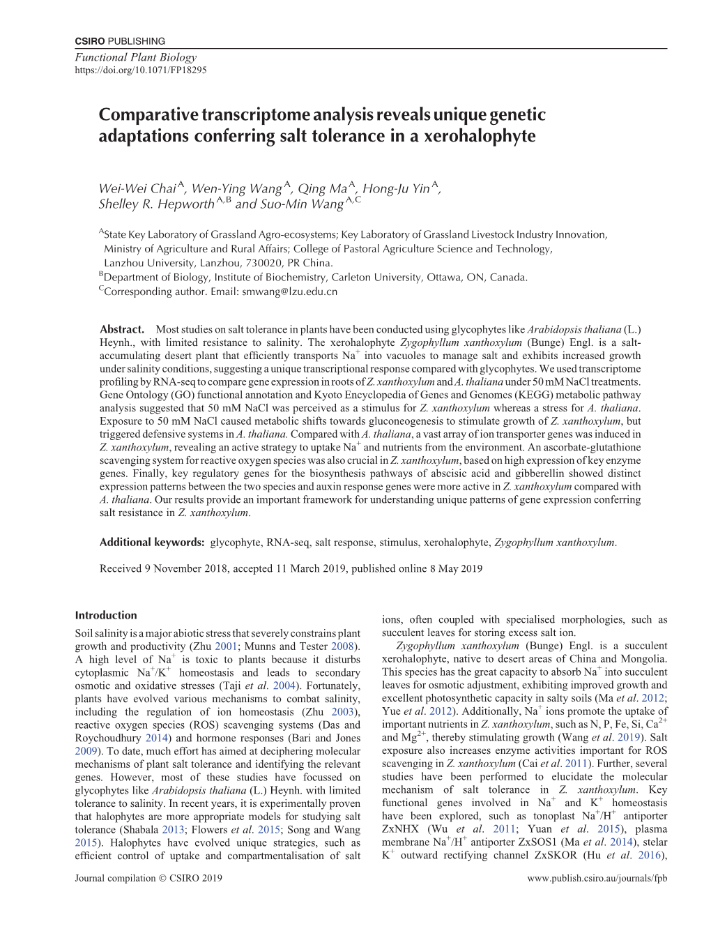 Comparative Transcriptome Analysis Reveals Unique Genetic Adaptations Conferring Salt Tolerance in a Xerohalophyte