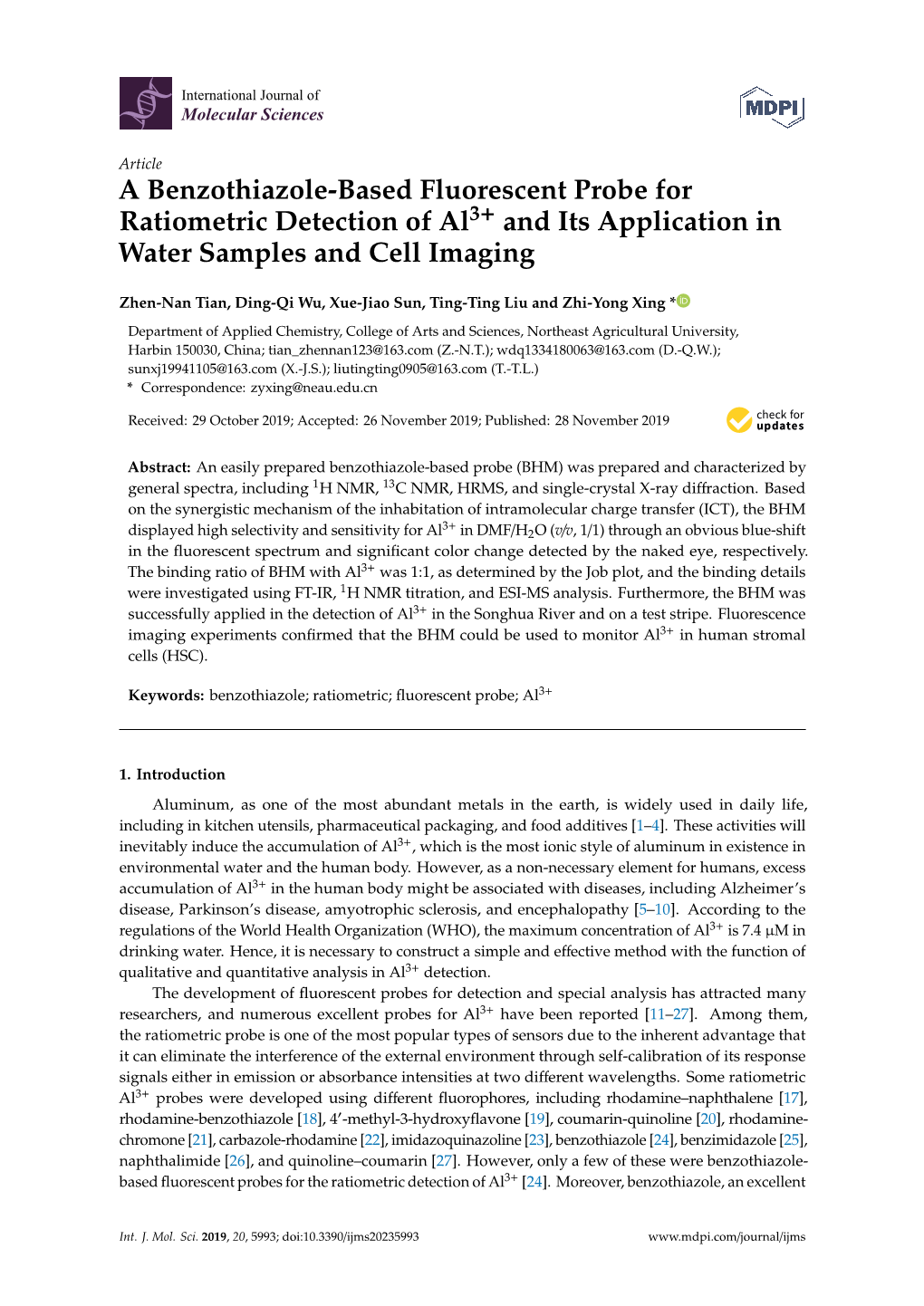 A Benzothiazole-Based Fluorescent Probe for Ratiometric Detection of Al3+ and Its Application in Water Samples and Cell Imaging