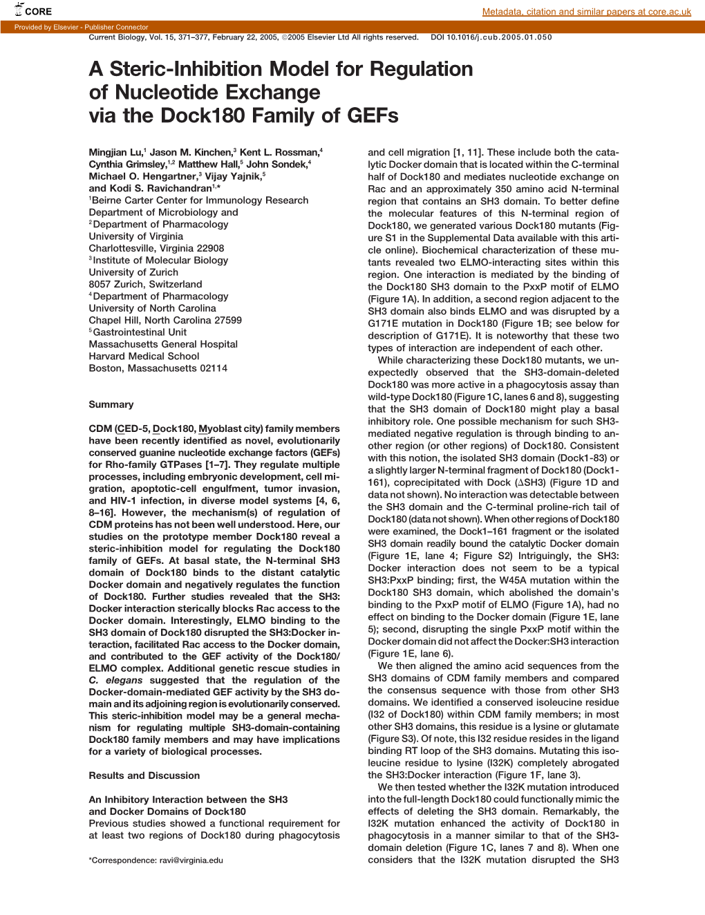 A Steric-Inhibition Model for Regulation of Nucleotide Exchange Via the Dock180 Family of Gefs