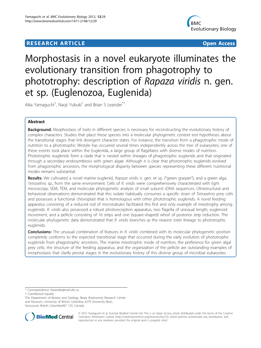 Morphostasis in a Novel Eukaryote Illuminates the Evolutionary Transition from Phagotrophy to Phototrophy: Description of Rapaza Viridis N