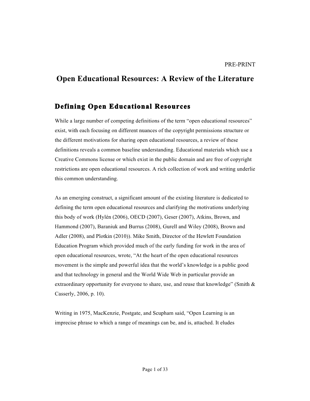 Open Educational Resources: a Review of the Literature
