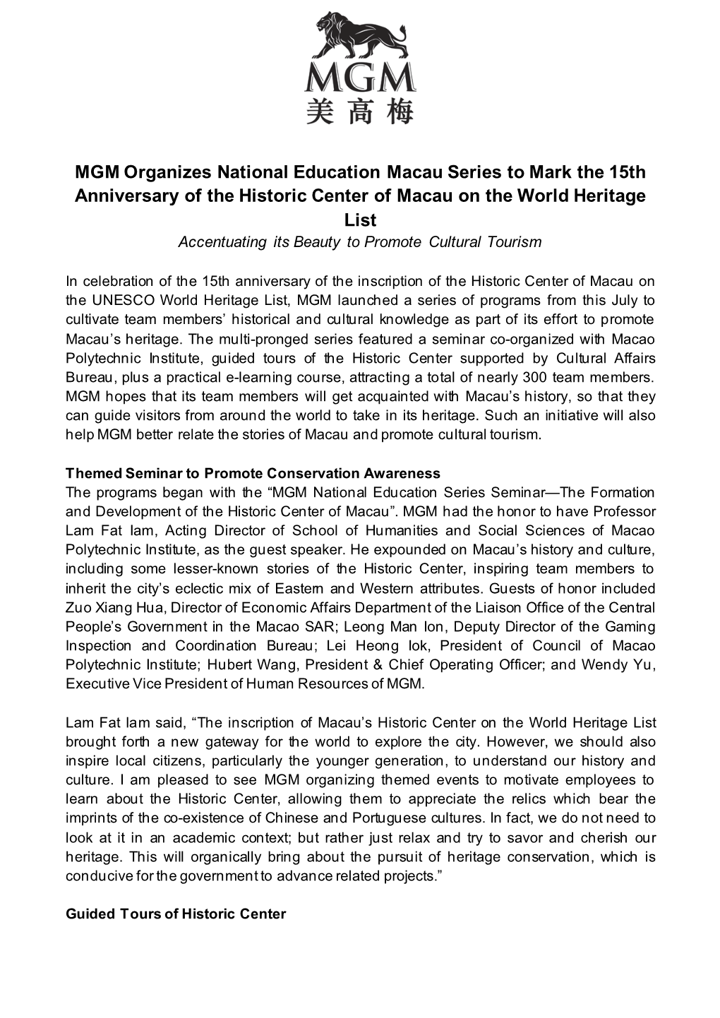 MGM Organizes National Education Macau Series to Mark the 15Th