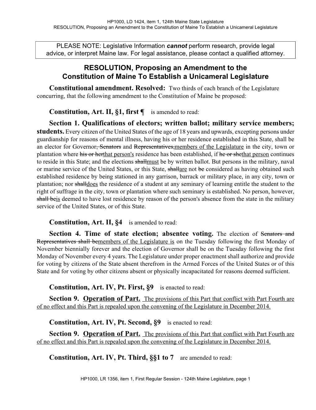 RESOLUTION, Proposing an Amendment to the Constitution of Maine to Establish a Unicameral Legislature