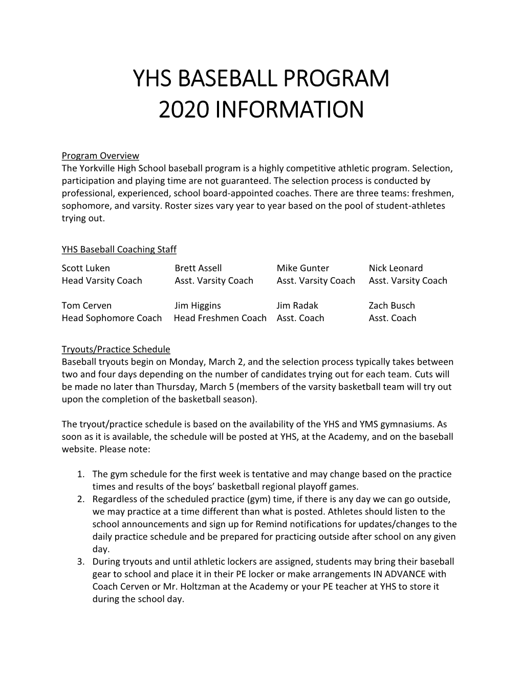 Yhs Baseball Program 2020 Information