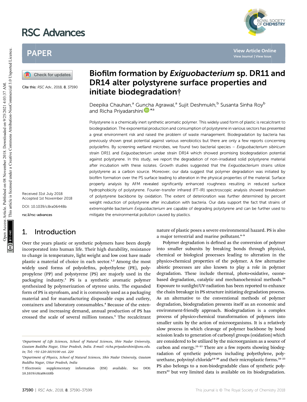 Biofilm Formation by Exiguobacterium Sp. DR11 and DR14 Alter Polystyrene Surface Properties and Initiate Biodegradation