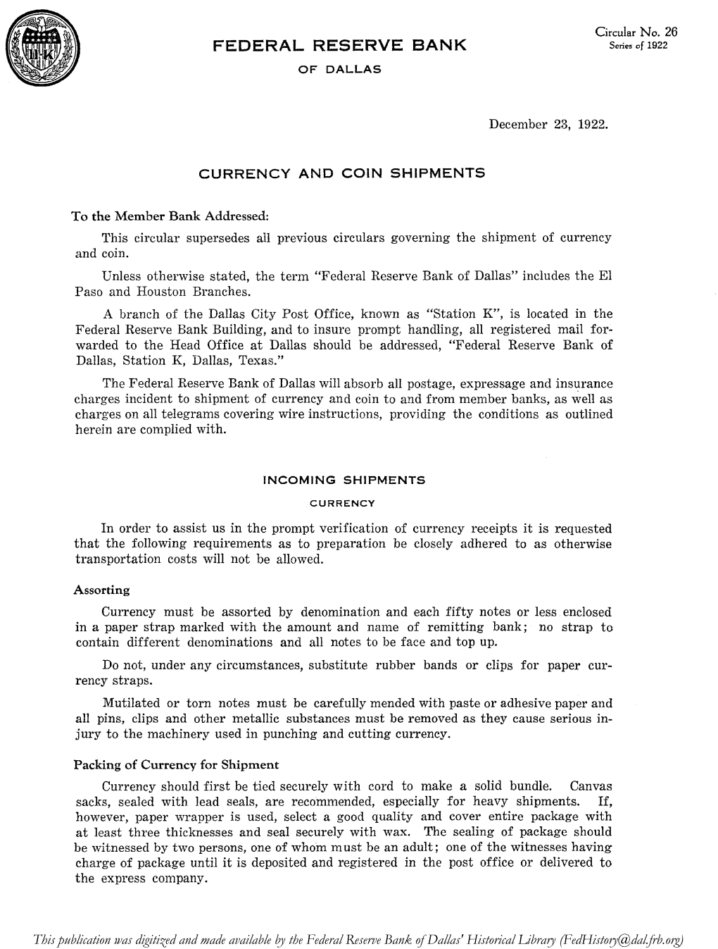 Currency and Coin Shipments, [Circular No. 22-26]