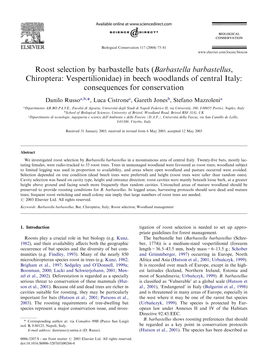 Roost Selection by Barbastelle Bats (Barbastella Barbastellus, Chiroptera: Vespertilionidae) in Beech Woodlands of Central Italy: Consequences for Conservation