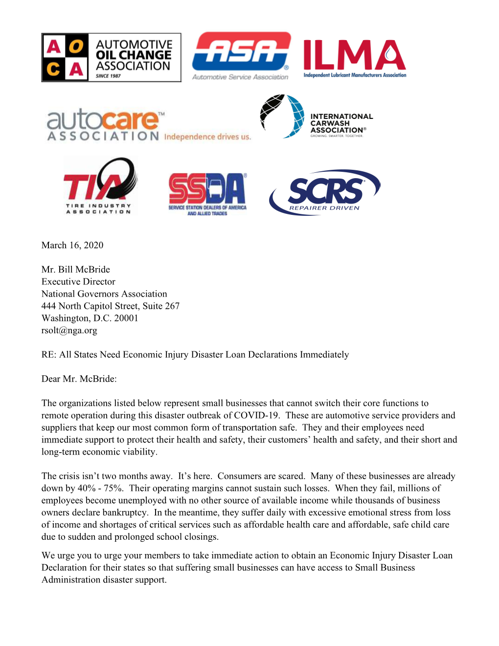 March 16, 2020 Mr. Bill Mcbride Executive Director National Governors Association 444 North Capitol Street, Suite 267 Washington