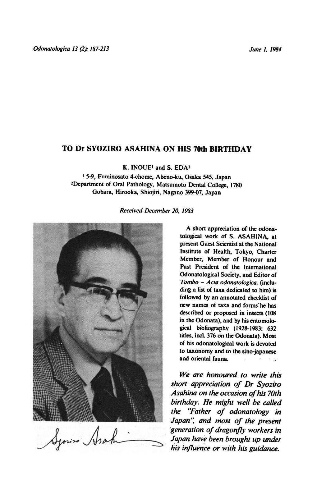 Of Dr Syoziro Birthday. of Odonatology Japan”, Generation of Dragonfly