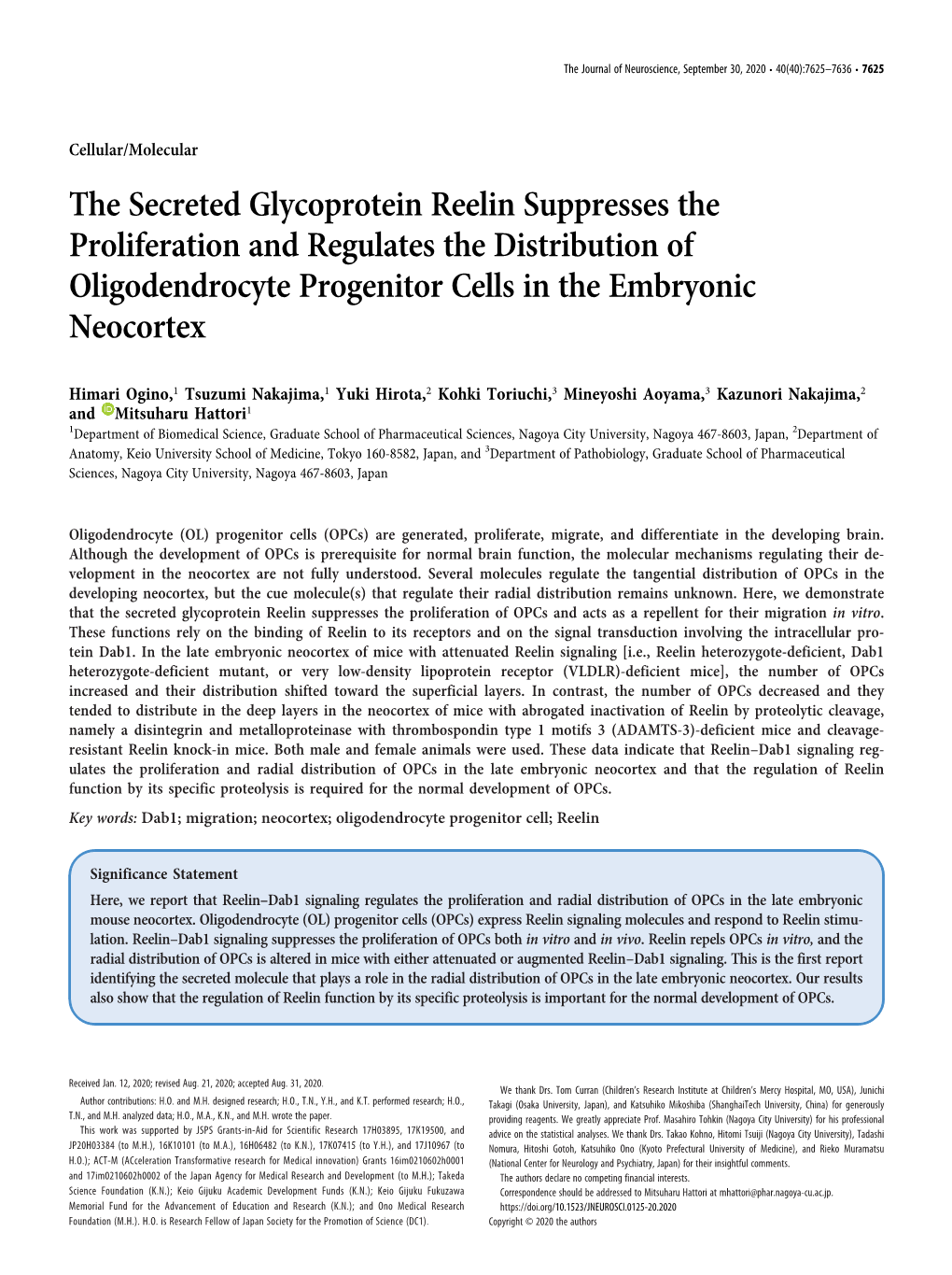 The Secreted Glycoprotein Reelin Suppresses the Proliferation and Regulates the Distribution of Oligodendrocyte Progenitor Cells in the Embryonic Neocortex